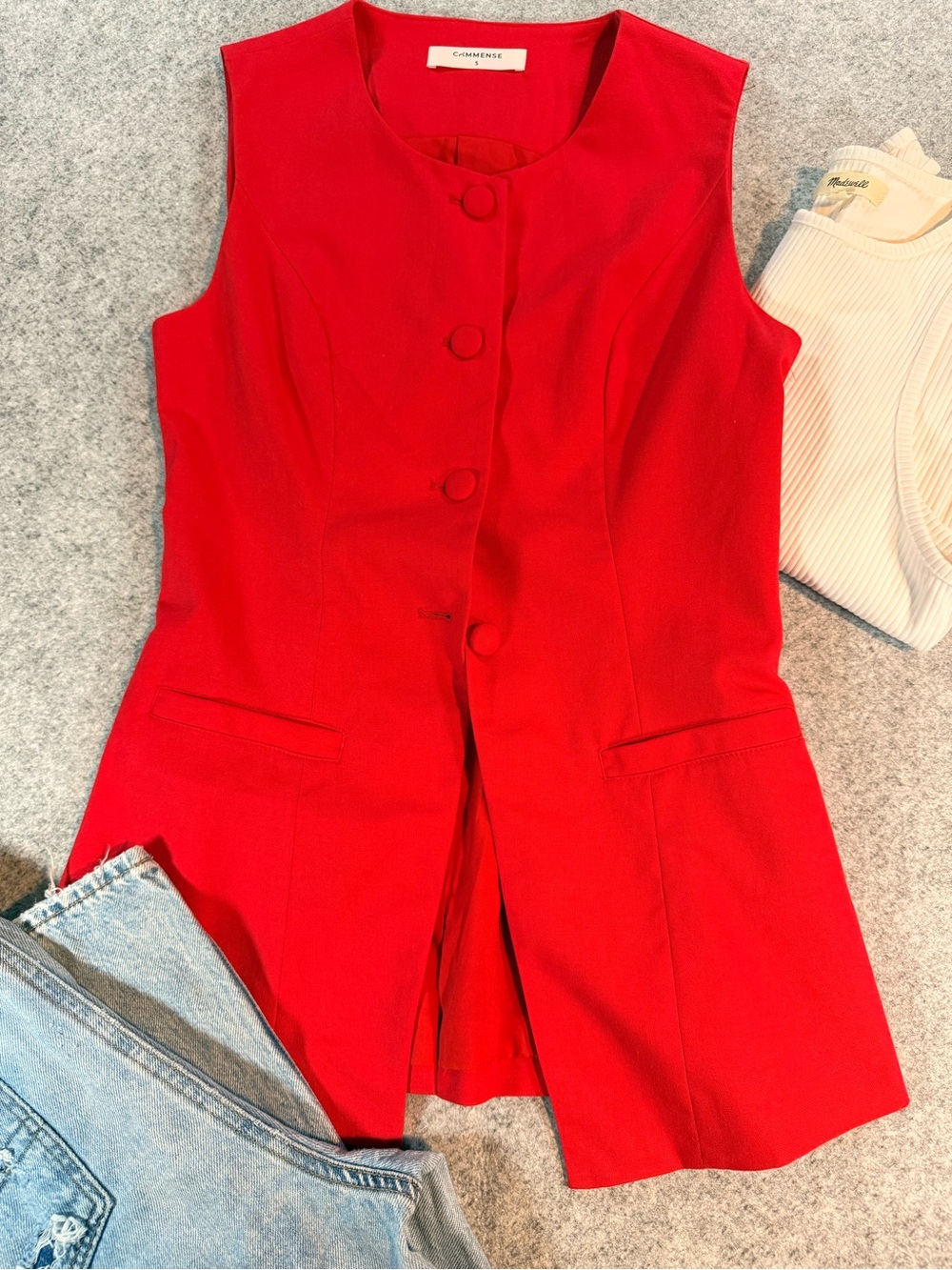 Commense Red Sleeveless Longline Vest Blazer Small | Button Front Tailored Vest
